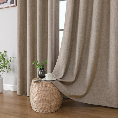 CUCRAF 100% Blackout Window Curtains 84 inches Long 2 Panels Set, Faux Linen Look Thermal Insulated Grommet Drapes, Room Darkening Curtain for Bedroom Living Room(W52 x L84 Inch, Light Khaki) - color: Light Khaki, size: 52"W x 84"L (Pack of 2)