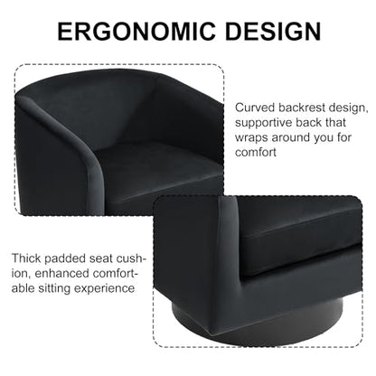 Swivel Barrel Accent Chair, Comfy Reading Armchair, Black, Set of 2 | Club Chairs for Adults, Low-Back Design, Modern Round Style, Solid Wood Frame & Metal Swivel Base, For Living Room & Bedroom - color: Black