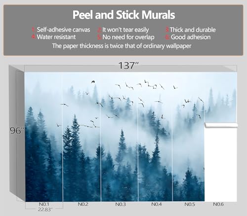 XMPMBM-Peel and Stick Foggy Forest Wallpaper Blue Hazy Pine Tree wall Mural | Tear-resistant,good adhesion,repositionable,and durable;does not peel off easily.size: L-137"X96" - color: X01, size: 137"x96"