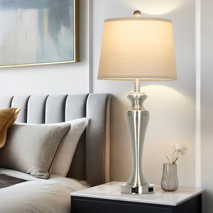 CINSARY Silver Table Lamp Single, Touch Control Bedside Lamp with USB A+C Ports and AC Outlet, 3-Way Dimmable Bedroom Lamps for Nightstand, Tall Brushed Nickel Living Room Lamps for End Table - color: Silver (1 Pack)