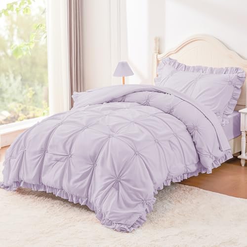 Twin Comforter Set for Girls, Boho Pintuck Bedding Comforter Sets, 4 Pieces Ruffles Jacquard Embroidery Twin Bedding Sets with Comforter, Fitted Sheet, Flat Sheet and Pillowcase, Purple - color: Purple, size: Twin