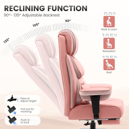 BestGlory Office Desk Chair, Big and Tall Leather Gaming Chair with Footrest, Ergonomic Comfy Executive High-Back Reclining Computer Chairs, Wide Swivel Rolling Wheels and Padded Lumbar Support, Pink - color: Pink, style: 3 Position Reclining