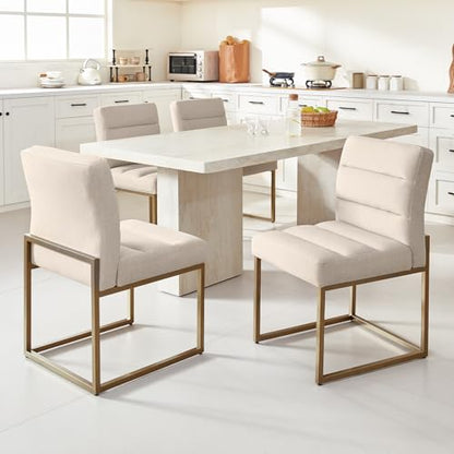 GrandNoor Modern Khaki Linen Fabric Dining Chairs Set of 2, Soft Thick Upholstered Kitchen Chairs with Gold Sturdy Metal Legs,Adjustable Foot Pads Dining Room Chairs - color: Khaki Linen, size: 2PCS Dining Chairs
