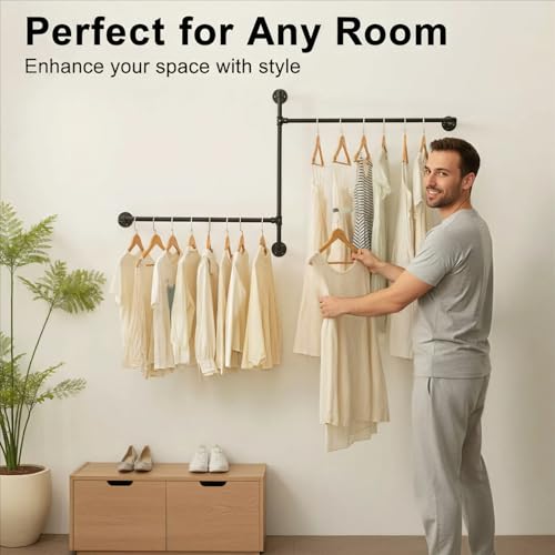 Industrial Pipe Clothing Rack, Wall Clothes Rack, Hanging Rod, Garment Rack | Pipe Clothes Rails, Multi-Purpose, Heavy Duty, Space-Saving, Clothes Bar, Organizer, Closet - style: wall clothing rack-2 hanging rods