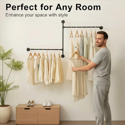 Industrial Pipe Clothing Rack, Wall Clothes Rack, Hanging Rod, Garment Rack | Pipe Clothes Rails, Multi-Purpose, Heavy Duty, Space-Saving, Clothes Bar, Organizer, Closet - style: wall clothing rack-2 hanging rods