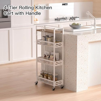 DGSNADGO Slim Rolling Storage Cart, 4-Tier Narrow Kitchen Cart with Wheels | Metal Mobile Snack Shelving, Skinny Rolling Spice Rack for Small Space in Kitchen, Living Room, Bathroom, Beige and White - color: Beige+white