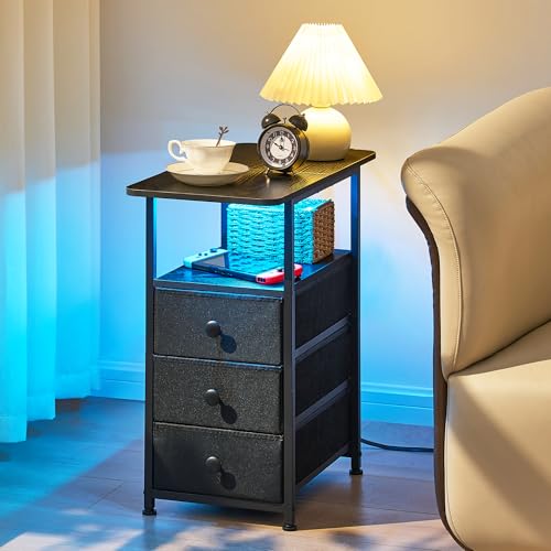 Narrow End Table with Charging Station, Narrow Side Table with 3 Fabric Drawers, Slim Nightstand with LED Light, Small Bedside Table with Storage, Living Room, Bedroom, Black HKET1303BK - color: Black, size: 11.8" W x 23.6" D, style: Power + Light