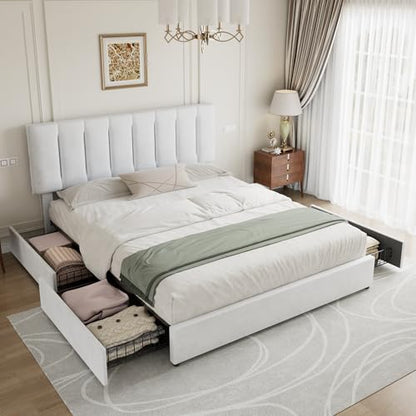 VECELO King Size Bed Frame with 4 Storage Drawers, Adjustable Height Headboard, Heavy-Duty Bedframe with Strong Wooden Slats, No Box Spring Needed, Pure White - color: Pure White, size: King, style: Bed Frame With Drawers