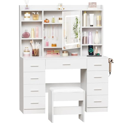 BEWISHOME Vanity Desk with Jewelry Storage,Power Outlet and Cushioned Stool | Makeup Vanity Table with Smart LED Mirror,3 Colors,Dressing Table with 9 Drawers and 6 Shelves for Bedroom Girls White