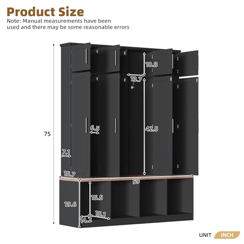 JIVOIT 75" H Farmhouse Hall Tree with Storage, Versatile 4-in-1 Coat Hanger with 4 Hidden Hanging Hooks, 8 Doors, Entryway Shoe Cabinet with Open Compartments for Living Room (Black//23) - color: Black//23