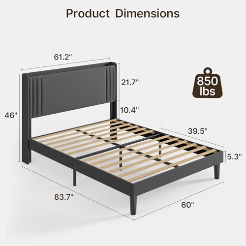 Gizoon Queen Bed Frame with Charging Station and LED Lights | Upholstered Wingback Platform Bed with Padded Headboard,Wooden Slats,Noise-Free,No Box Spring Needed, Easy Assembly,Dark Grey - color: Dark Grey+led, size: Queen