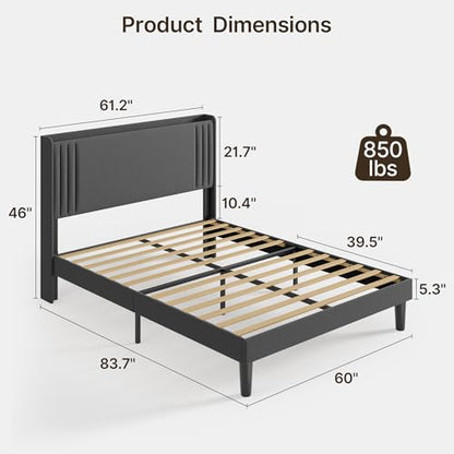 Gizoon Queen Bed Frame with Charging Station and LED Lights | Upholstered Wingback Platform Bed with Padded Headboard,Wooden Slats,Noise-Free,No Box Spring Needed, Easy Assembly,Dark Grey - color: Dark Grey+led, size: Queen