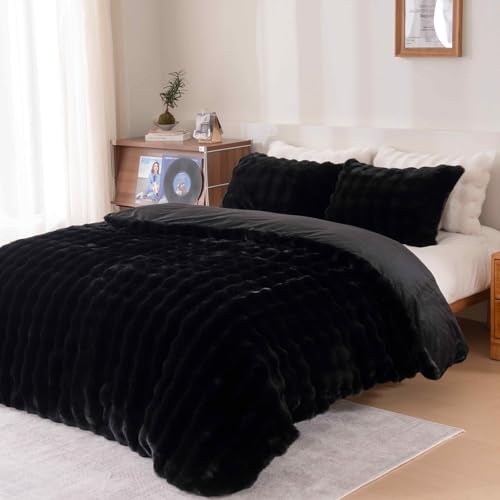 Fluffy Black Duvet Cover Twin Set, Soft Shaggy Plush Rabbit Bedding Set 2 Pieces (1 Fuzzy Comforter Cover + 1 Faux Fur Pillow Cases) Zipper Closure（Black, Twin） - color: Black, size: Twin