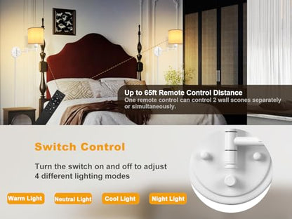 GOODATE Plug in Wall Sconces with Remote Control, Dimming, Adjustable Colors 2700K-6500K, Hardwire or Plug-in, Swing Arm Wall Lamp, Wall Sconces Set of Two, White Fabric Shade, White Finish - color: White & White
