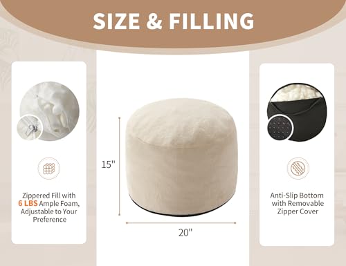 WSOFRLAC Pouf Ottoman Foot Rest 20"x15" Footstools Small with Filling Cream, Small Beige Ottoman Foot Rest Ivory Poofy Ottom Stool Soft Poofs/Ottomans Furniture Living Room Ottom Footstool - color: Beige, size: 20"D x 20"W x 15"H