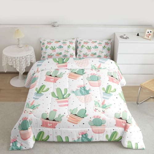 Cute Cactus Comforter for Girls Kids Bedroom Children Women Boho Succulent Bedding Set Queen Tropical Botanical Comforter Set Pastel Pink Green Decor Quilted Duvet Insert (1 Comforter + 2 Pillow Case) - color: Multi 031, size: Queen