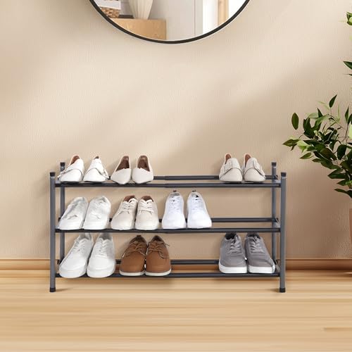 STORAGE MANIAC Expandable Shoe Rack, 12 Pairs Stackable Small Shoe Rack, Metal Adjustable Shoes Organizer for Closet, Entryway, Hallway, Garage, Front Door, Shoes Shelves, Black 3 Tier - color: Black, size: 3 Tier