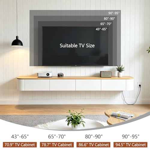 Floating TV Stand Wall Mounted Floating Entertainment Center 47-118 in with LED and Drawers & Cable Management, Modern Wood Media Console Under TV for Living Room Bedroom and Home(Wood White,63IN) - color: Wood White, size: 63IN