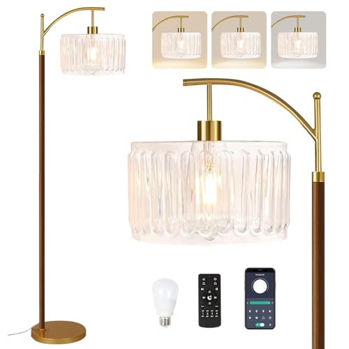 ILLMTW Arc Floor Lamp for Living Room,Bedroom,Glass Mid Century Modern Standing Lamp with Remote Dimmable,Wood Vintage Gold Tall Lamp White Lamp Shade Floor Lights Boho Bohemian Tiffany Style - size: 6-Floor Lamp