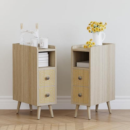 Nightstands Set of 2,Night Stand Bed Side Table with Storage Space,Wooden Bedside Table with Open Shelf,2 Drawers,End Table with Solid Wood Feet for Bedroom,College Dorm,Entryway (Natural) - color: Natural