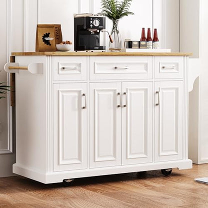 54inch Large Kitchen Island With Rubber Wood Drop Leaf,Embossed Texture Rolling Kitchen Cart On 4 Wheels With 4 Doors And 3 Drawers,Kitchen Island With Storage For Kitchen,Dining Room (White-0t) - color: White-0t)