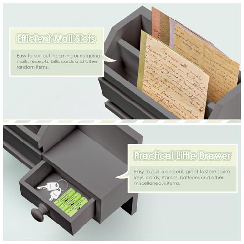 VIS'V Key Holder Wall Mount, Wooden Mail and Key Organizer, Gray | Contains Little Drawer, Small Shelf, 2 Slots, 6 Hooks, for Entryway, Hallway, Doorway, Kitchen, Garage, RV - color: Gray