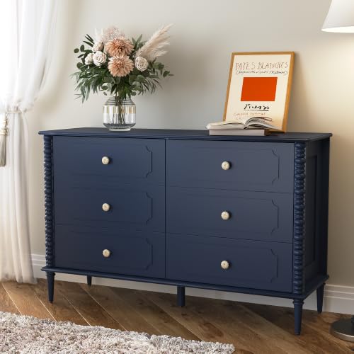 Blue 6 Drawer Dresser for Bedroom, 47" Wide Chest of Drawers with Turned Legs and Ceramic Knobs, Double Dresser, Wood Drawer Storage Organizer for Bedroom, Living Room, Hallway - color: Blue, size: 15.5"D x 47"W x 30"H (6 Drawers)
