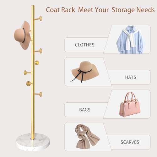 Coat Rack Stand,Golden Metal Coat Rack Freestanding with 8 Hooks | Modern Coat Rack with Natural Marble Base,Coat Hanger Stand, 3 Adjustable Coat Clothes Tree Stand for Office - color: Golden-8Hooks