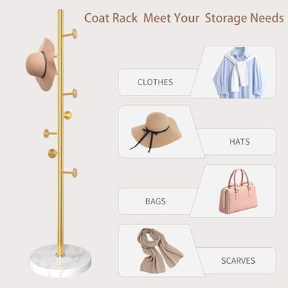 Coat Rack Stand,Golden Metal Coat Rack Freestanding with 8 Hooks | Modern Coat Rack with Natural Marble Base,Coat Hanger Stand, 3 Adjustable Coat Clothes Tree Stand for Office - color: Golden-8Hooks