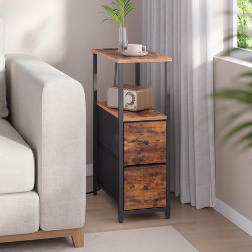 TUTOTAK Narrow End Table with Charging Station, Skinny Side Table | Bedside Table with Outlets, Nightstand with 2 Cloth Drawers, Couch Table for Living Room, Bedroom, Brown TB01BB055 - color: Brown, style: 2 Drawers & Plug