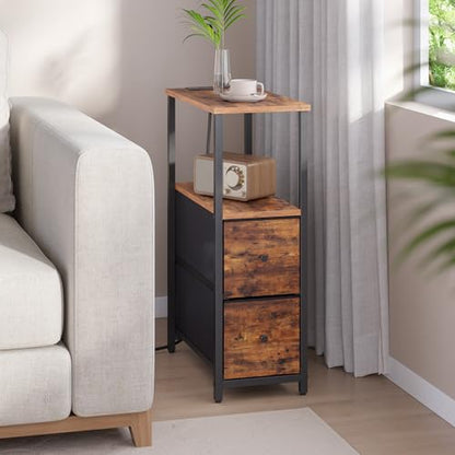 TUTOTAK Narrow End Table with Charging Station, Skinny Side Table | Bedside Table with Outlets, Nightstand with 2 Cloth Drawers, Couch Table for Living Room, Bedroom, Brown TB01BB055 - color: Brown, style: 2 Drawers & Plug