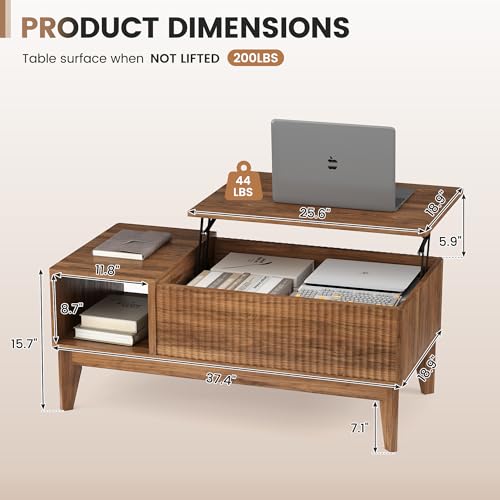 Fluted Coffee Table with Storage, Oval Lift Top Modern Rectangle Table for Living Room