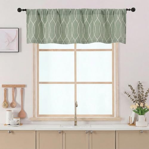 Chyhomenyc Kitchen Valances for Windows - Light Filtering Faux Linen Textured 3D Wave Line Rod Pocket Short Window Treatment Valance for Living Room Bathroom, 52Wx18L, 1 Piece, Green - color: Green, size: 52"W x 18"L (Pack of 1)