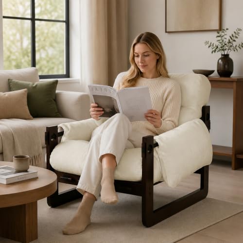 Chenille Accent Chair, Comfy Armchair for Living Room, Beige | Wide padded seat, high-density foam, solid wood frame, 350 lb support, comfy lounge chair, reading chair, bedroom chair - color: Chenille-beige