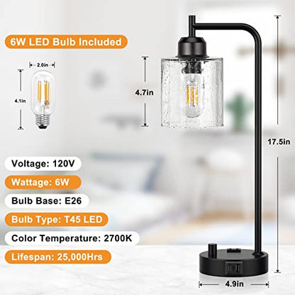 Industrial Desk Lamp, Fully Dimmable Small Bedside Table Lamp, Black, USB C | Glass Shade, USB C+A Charging Port & Outlet, Lamps for Bedroom, Night Stand, Home Office, Living Room - color: Clear Seeded