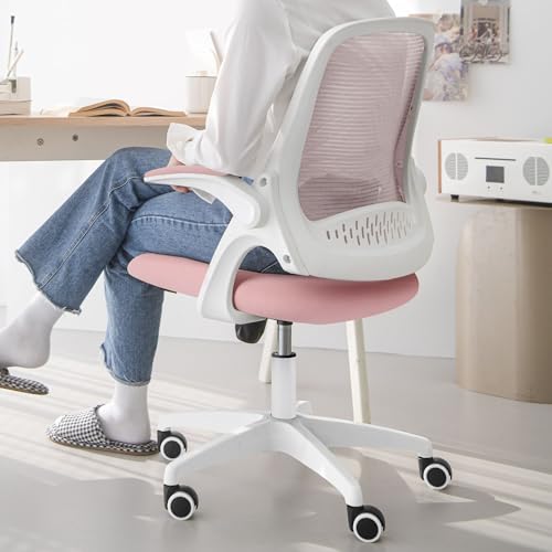 NEO CHAIR Office Desk Chair, Ergonomic Mesh with Flip-Up Armrests, Pink | Lumbar Support, Height Adjustment, 360° Swivel and Rolling Base, Space-Saving Design for Home Office, Vanity or Study - color: Pink