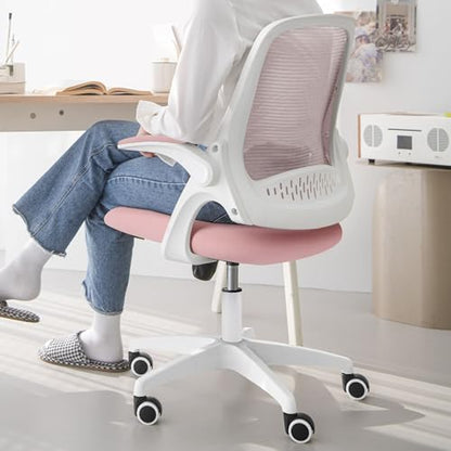 NEO CHAIR Office Desk Chair, Ergonomic Mesh with Flip-Up Armrests, Pink | Lumbar Support, Height Adjustment, 360° Swivel and Rolling Base, Space-Saving Design for Home Office, Vanity or Study - color: Pink