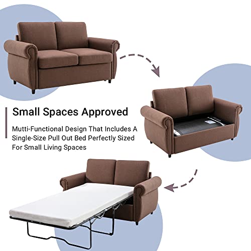 Pull Out Sleeper Sofa Loveseat Sleeper, Linen Upholstered Couch with Twin Size Memory Foam Mattress, for Living Room Small Spaces (Brown-Pull Couch) 59 L *31.1W*35.4H inches
