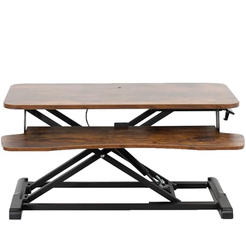VIVO Rustic Vintage Brown 32 inch Standing Desk Converter, DESK-V000KN | Height Adjustable, Stand Up Desk Riser, Wide Keyboard Tray, Dual Monitor and Laptop Workstation, Black Frame, K Series - color: Vintage Brown, size: 32"