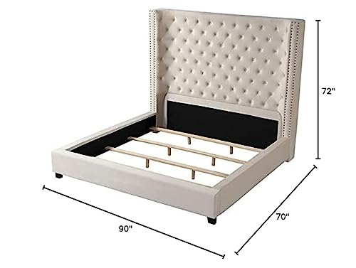 Jaclyn Upholstered Low-Profile Platform Bed Frame, Beige - Queen | Velvet Fabric, 70" Tall Straight Edge Headboard, Button Tufting, Nailhead Trim, Transitional Style - color: Beige, size: Queen (U.S. Standard)
