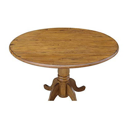 42" Round Dual Drop Leaf Pedestal Dining Table Solid Wood, Easy Assembly, Sturdy Parawood, Kitchen/Dining Room, 29.5"H x 42"W x 42"D, 20mm Thickness Top, Includes Two 9" Drop Leaves - color: Pecan