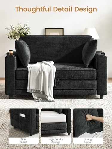 51" Loveseat Convertible Sofa Bed with Cup Holder, Small Couch 2 in 1 Pull Out Sleeper Couch, Floor Folding Couch Sofa with Two Pillows for Living Room, Apartment, Dorm (Black) - color: Black
