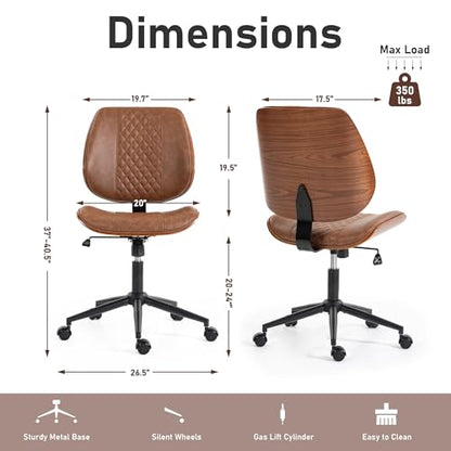 Modern Walnut Home Office Chair, Executive Desk Chair No Arms Brown | with Wheels, Adjustable Height, Comfy PU, Deeper Cushion, Mid Back, 360 Swivel Computer Chair - color: Brown
