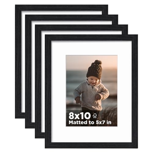 8x10 Picture Frame Black Wood Set of 4, Wooden Photo Frame Matted 5x7 with Plexiglass for 5x7 with Mat or 8x10 without Mat for Table and Wall Display - color: Black Wood, size: 8x10
