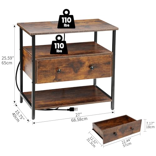 Edbuosy 27" Wide Nightstand with Charging Station & Drawer, Retro Brown | Small Dresser for Closet, 2 AC Outlets & 2 USB Ports, Open Shelf, Adjustable Feet, Wood Nightstand for Living Room or Bedroom - color: Retro Brown, size: 1 Drawer
