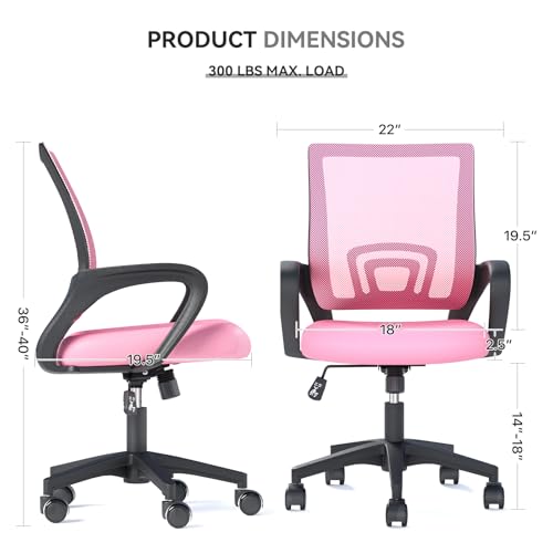 Office Chair, Ergonomic Mid-Back Mesh Desk Chair with Lumbar Support, Adjustable Height Computer Chair with Rolling Wheels Design,Comfy Armrest for Work, Study, Gaming, Pink - color: Pink