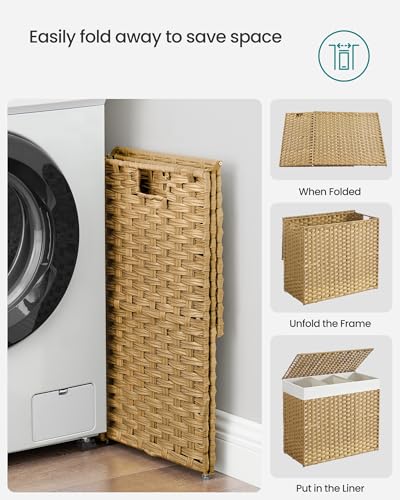 SONGMICS Laundry Hamper with Lid, 42.3 Gallons (160 L), Rolling Laundry Basket with Wheels, 3-Section Synthetic Rattan, Removable Liner, Bedroom, 29.9 x 13 x 26 Inches, Natural ULCB365N01 - color: Natural, size: 160 L