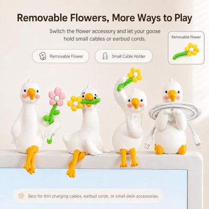4Pcs Mini Resin Goose Figurines Set, Cute Desk Pets with Cable Holder | Computer Monitor Hanging Animals, Small Goose for Monitor, Bookshelf, Car Dashboard, Photo Frame, Goose Gifts for Coworkers
