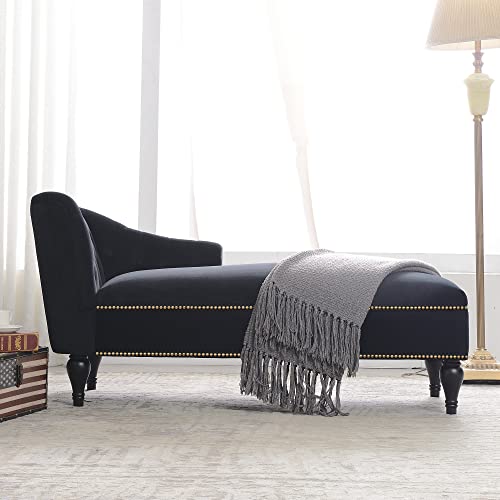 JIVOIT Velvet Upholstered Sofa Chaise Loungers, 58" Chaise Lounge with Nailhead Trim and Solid Wood Legs, Button Tufted Right Arm Facing Lounge Chair for Living Room, Sleeper Lounge Sofa - color: Black-polyester