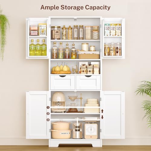 Kitchen Pantry Cabinet with Adjustable Shelf, Tall Storage Cabinet with 2 Drawers & 4 Door Shelves, Food Pantry Cabinets, for Kitchen, Dining Room, Living Room, White - color: White
